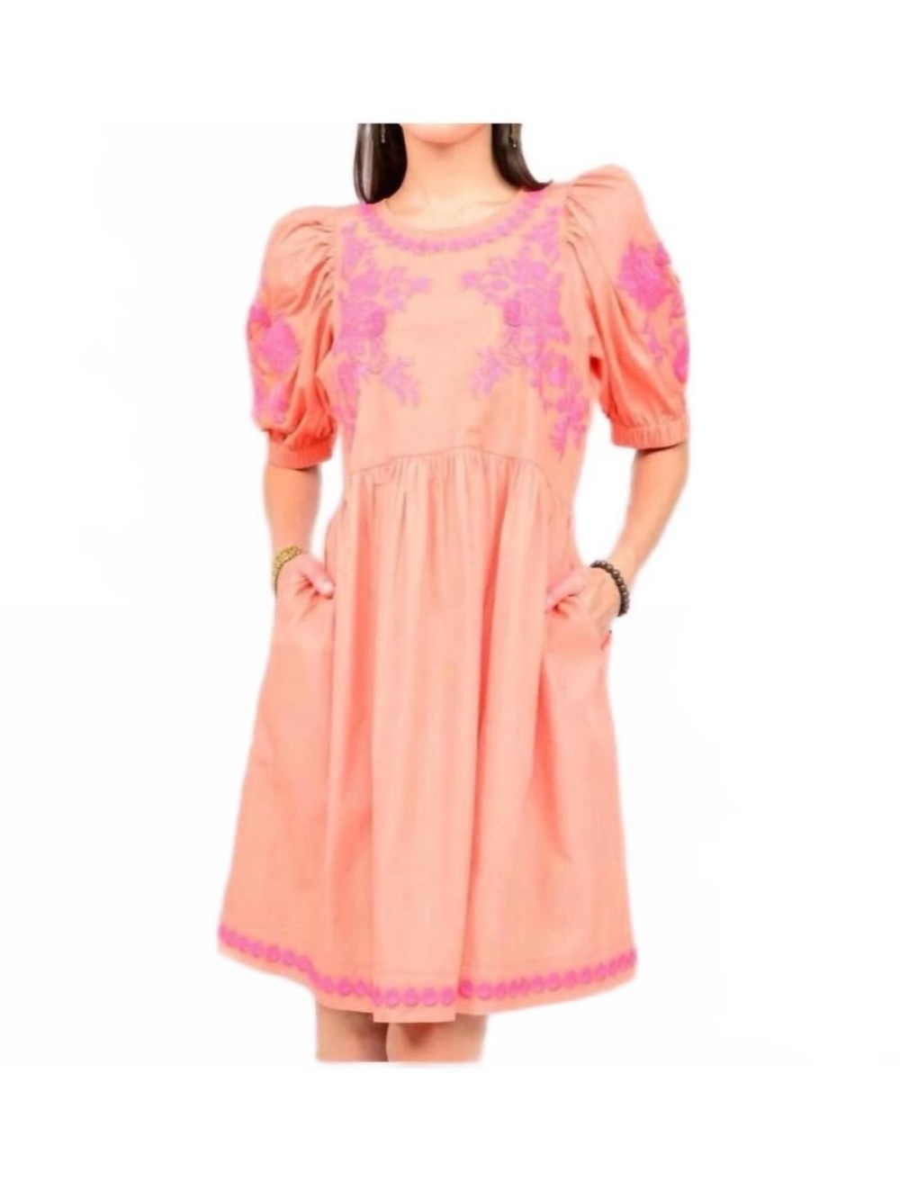 SISTER MARY Lorena Embroidered Dress in Coral Small